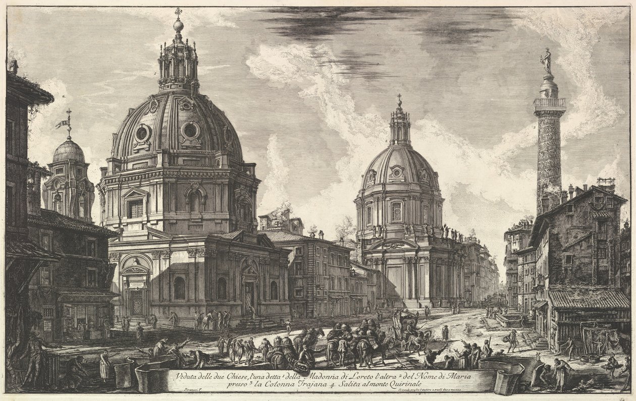 Duas igrejas perto da coluna Trajans, S. Maria di Loreto e Santíssimo Nome di Maria Ve ..., ca. 1762 de Giovanni Battista Piranesi