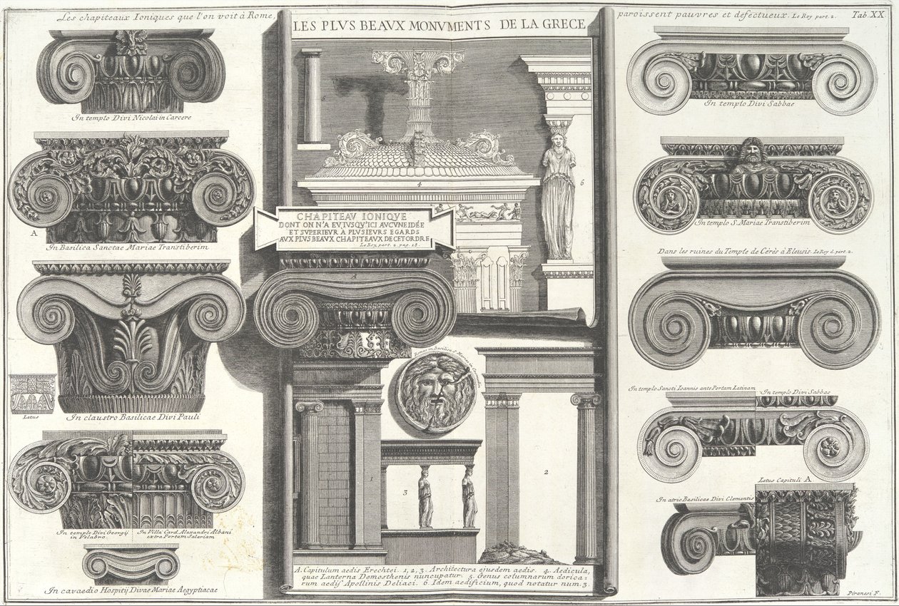 Vários capitéis jônicos romanos comparados com exemplos gregos..., meados do século XVIII. de Giovanni Battista Piranesi