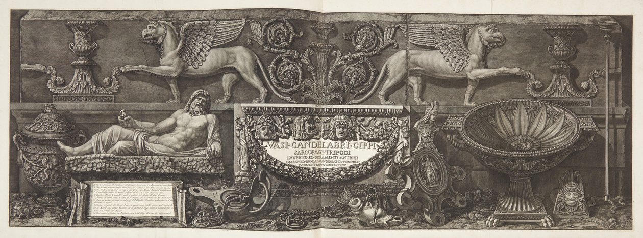 "Vasos, castiçais, cisternas, sarcófagos...", página de rosto do vol. EU de Giovanni Battista Piranesi