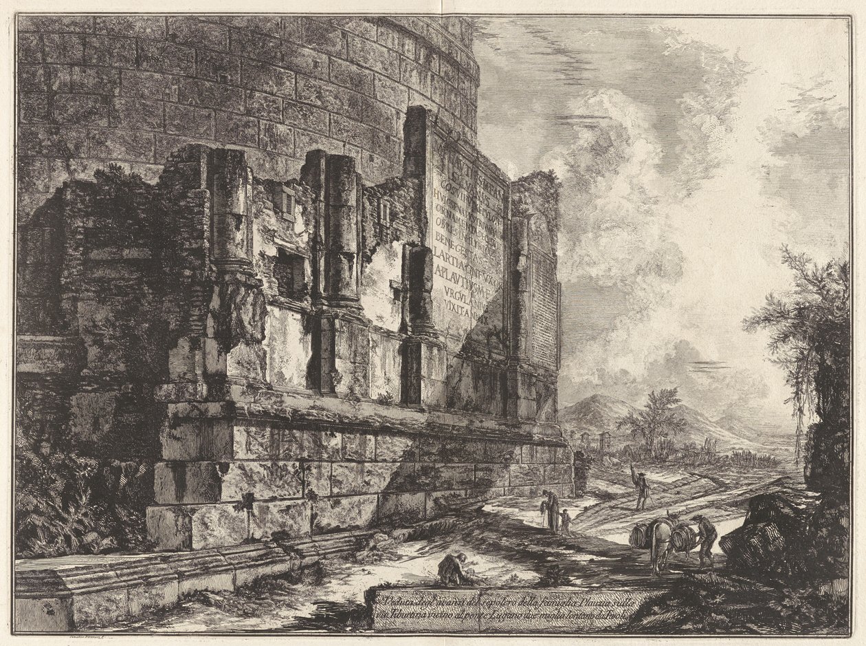Vista dos restos do túmulo da família Plautia na Via Tiburtina, perto da Ponte Lugano, a duas milhas de Tivoli, de Vedute di de Giovanni Battista Piranesi