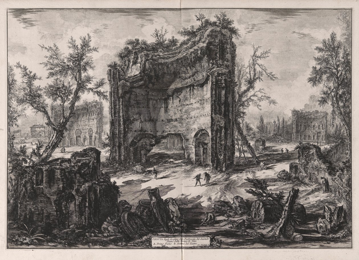 Vista dos restos dos edifícios no segundo andar das Termas de Tito, de Vedute di Roma (Vistas de Roma) de Giovanni Battista Piranesi