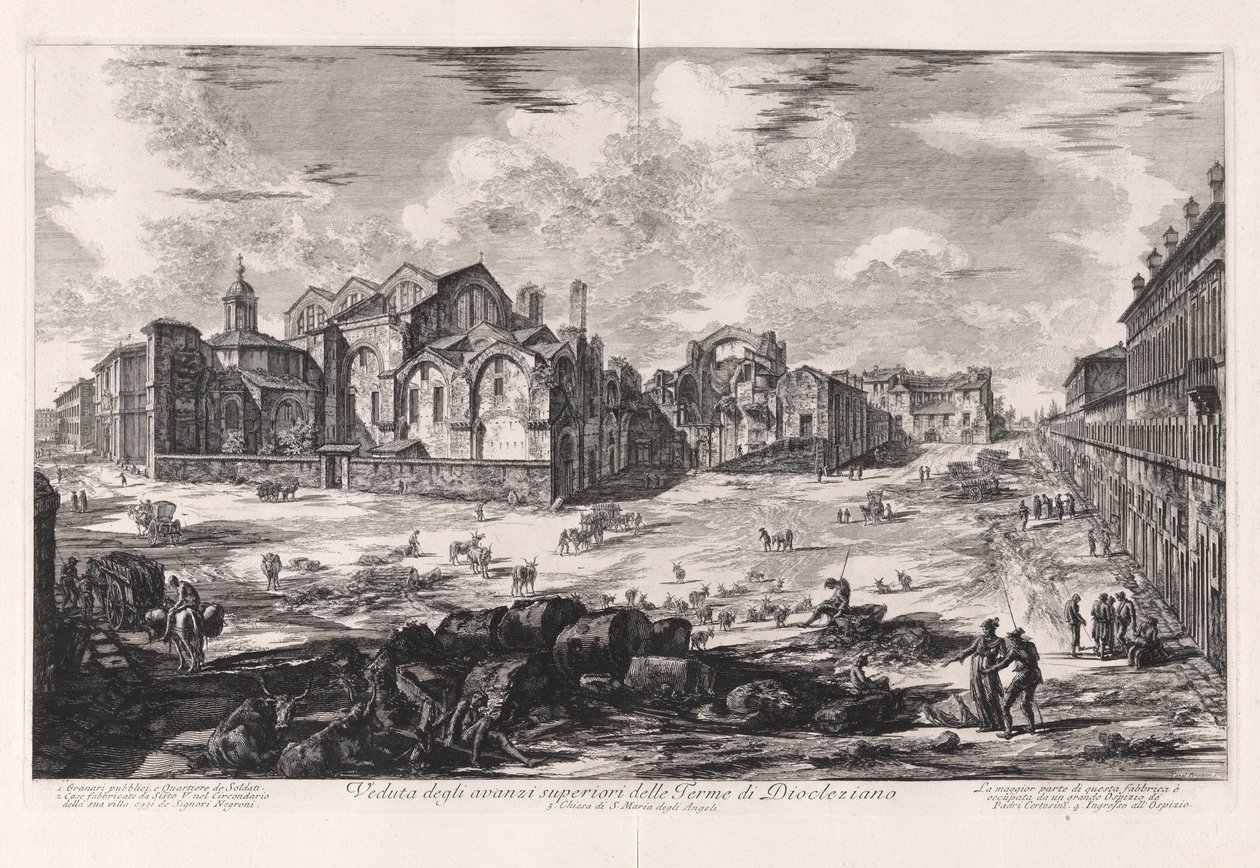 Vista das Ruínas Superiores das Termas de Diocleciano [vista distante mostrando a igreja de Santa Maria degli Angeli], de Vedute di Roma (Vistas de Roma) de Giovanni Battista Piranesi