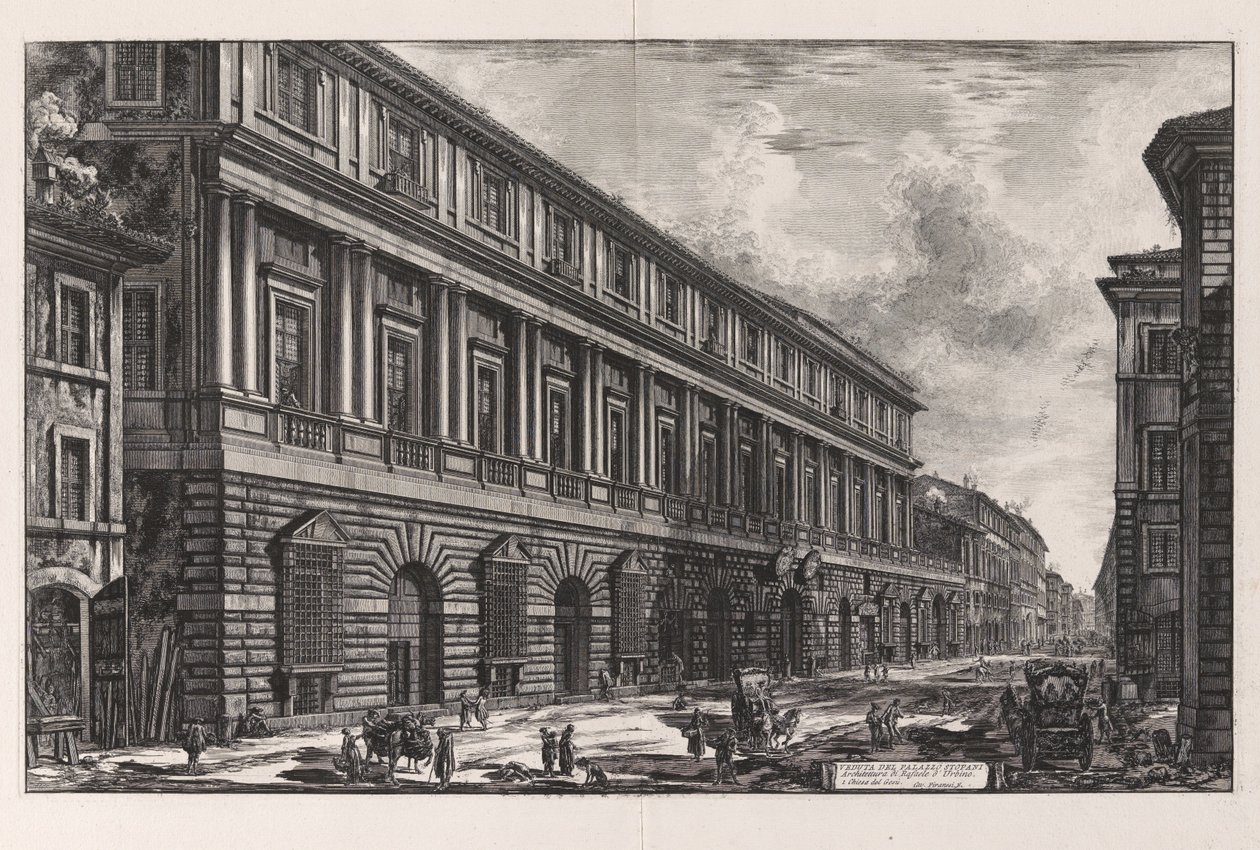 Vista do Palazzo Stopani. Arquitetura de Rafael de Urbino, das Vedute di Roma (Vistas de Roma) de Giovanni Battista Piranesi