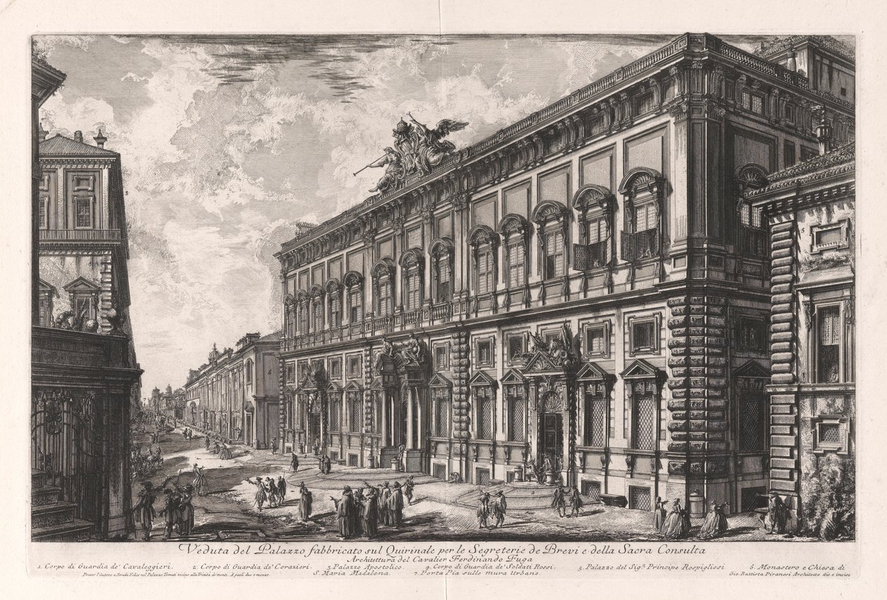 Veduta del Palazzo fabbricato sul Quirinale per le Segreterie de Brevi et della Sacra Consulta (Vista do Palazzo Construído no Quirinal para o Secretário dos Briefs e do Conselho Sagrado), de Vedute di Roma (Vista de Roma) de Giovanni Battista Piranesi