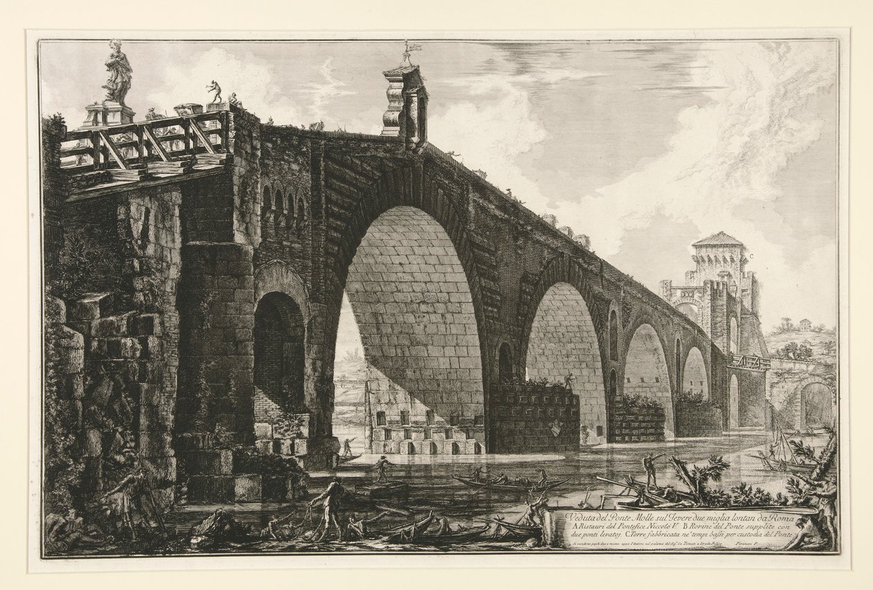 Vista da ponte Milvian sobre o Tibre, duas milhas fora de Roma, de Vedute di Roma de Giovanni Battista Piranesi