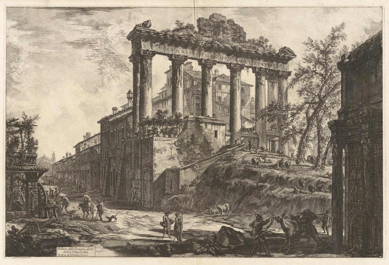 Veduta del Tempio detto della Concordia (Vista do chamado Templo da Concórdia [o Templo de Saturno com o Arco de Septímio Severo em primeiro plano à direita]), de Vedute di Roma (Vistas de Roma) de Giovanni Battista Piranesi