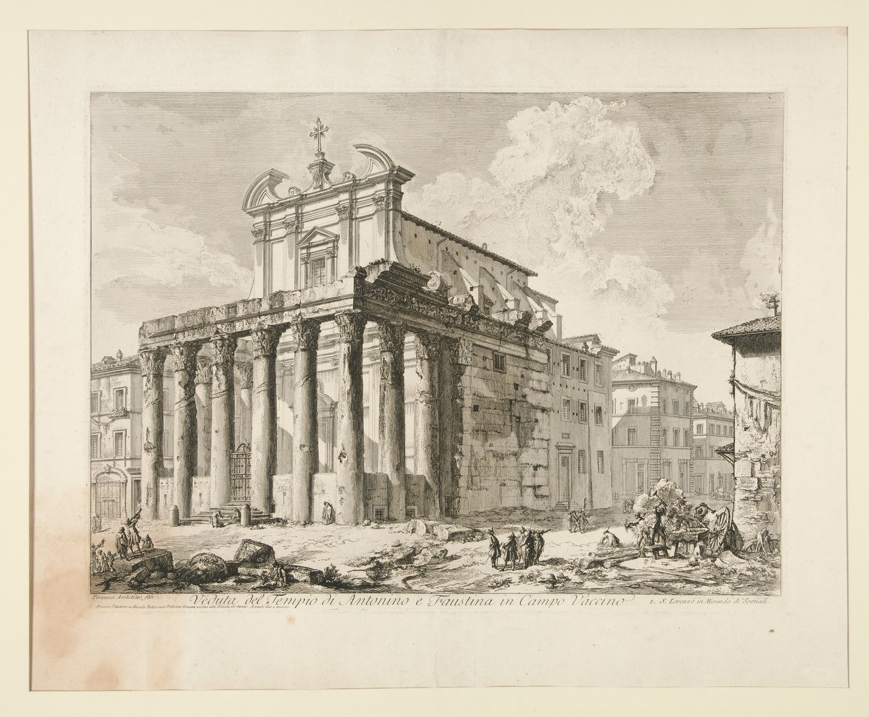 Vista do Templo de Antoninus e Faustina no Campo Vaccino. (Vista do Templo de Antoninus e Faustina no Fórum Romano), de Vedute di Roma de Giovanni Battista Piranesi