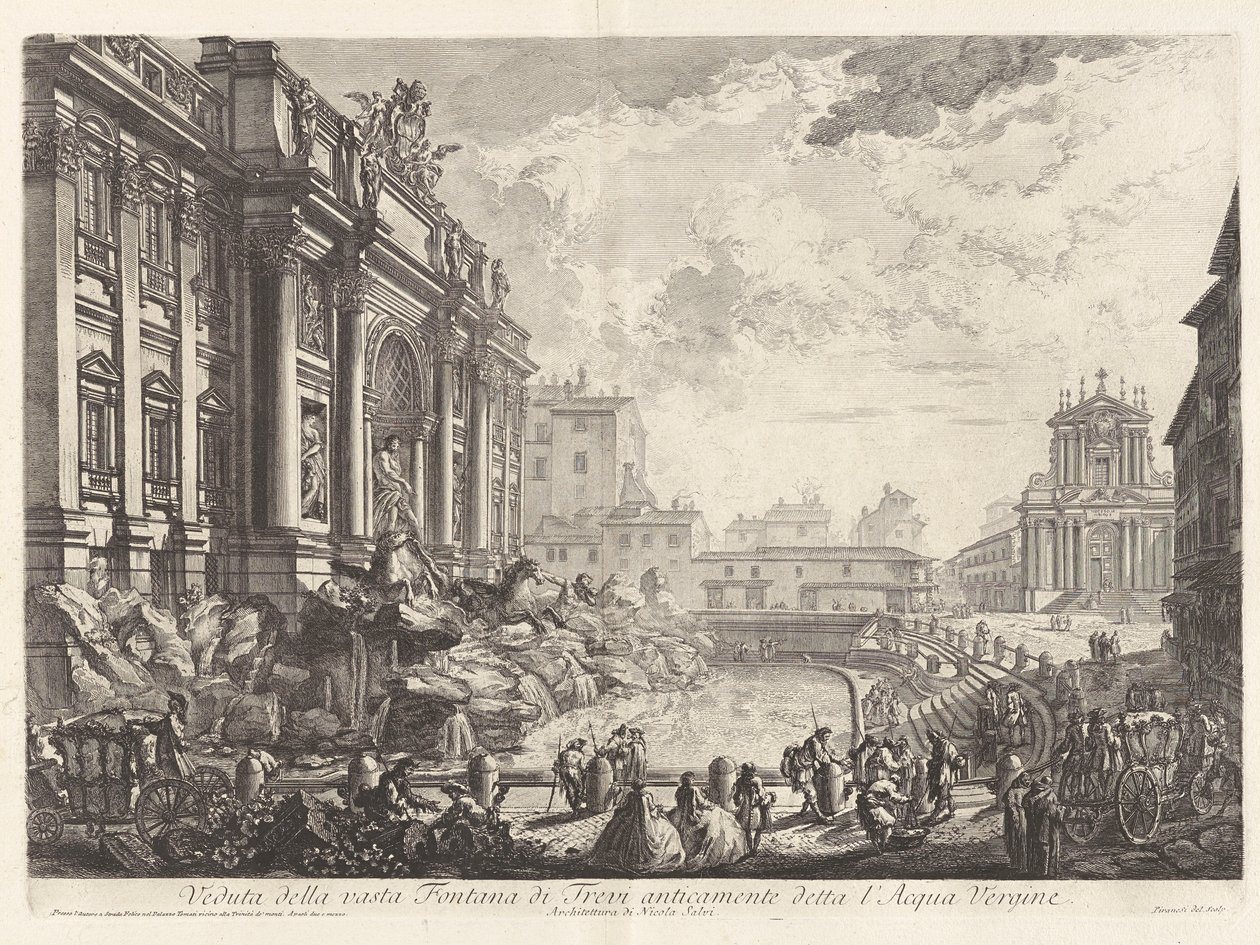 Vista da vasta Fonte de Trevi anteriormente conhecida como a de Giovanni Battista Piranesi