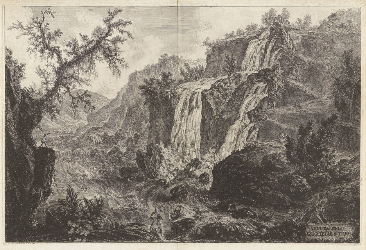 Vista das pequenas cascatas em Tivoli, de Vedute di Roma de Giovanni Battista Piranesi
