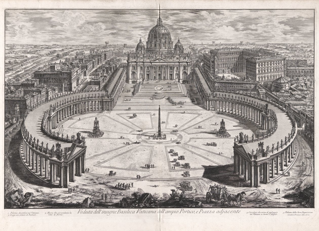 Vista da famosa Basílica Vaticana com o seu amplo pórtico e praça adjacente, de Vedute di Roma (Vistas de Roma) de Giovanni Battista Piranesi