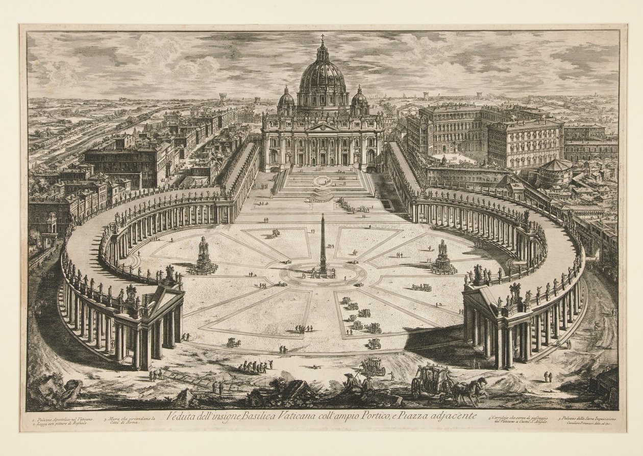 Vista da insigne Basílica Vaticana com o amplo pórtico e a praça adjacente, de Vedute di Roma de Giovanni Battista Piranesi