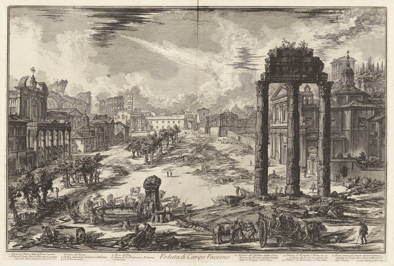 Veduta di Campo Vaccino (Vista do Campo Vaccino [Fórum Romano com o Templo de Castor e Pollux à direita]), de Vedute di Roma (Vistas de Roma) de Giovanni Battista Piranesi