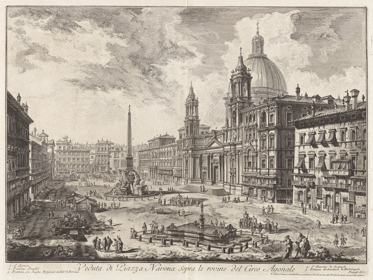 Vista da Piazza Navona sobre as ruínas do Circo Agonal (Vista da Piazza Navona sobre as ruínas do circo de Domiciano), de Vedute di Roma (Vistas de Roma) de Giovanni Battista Piranesi