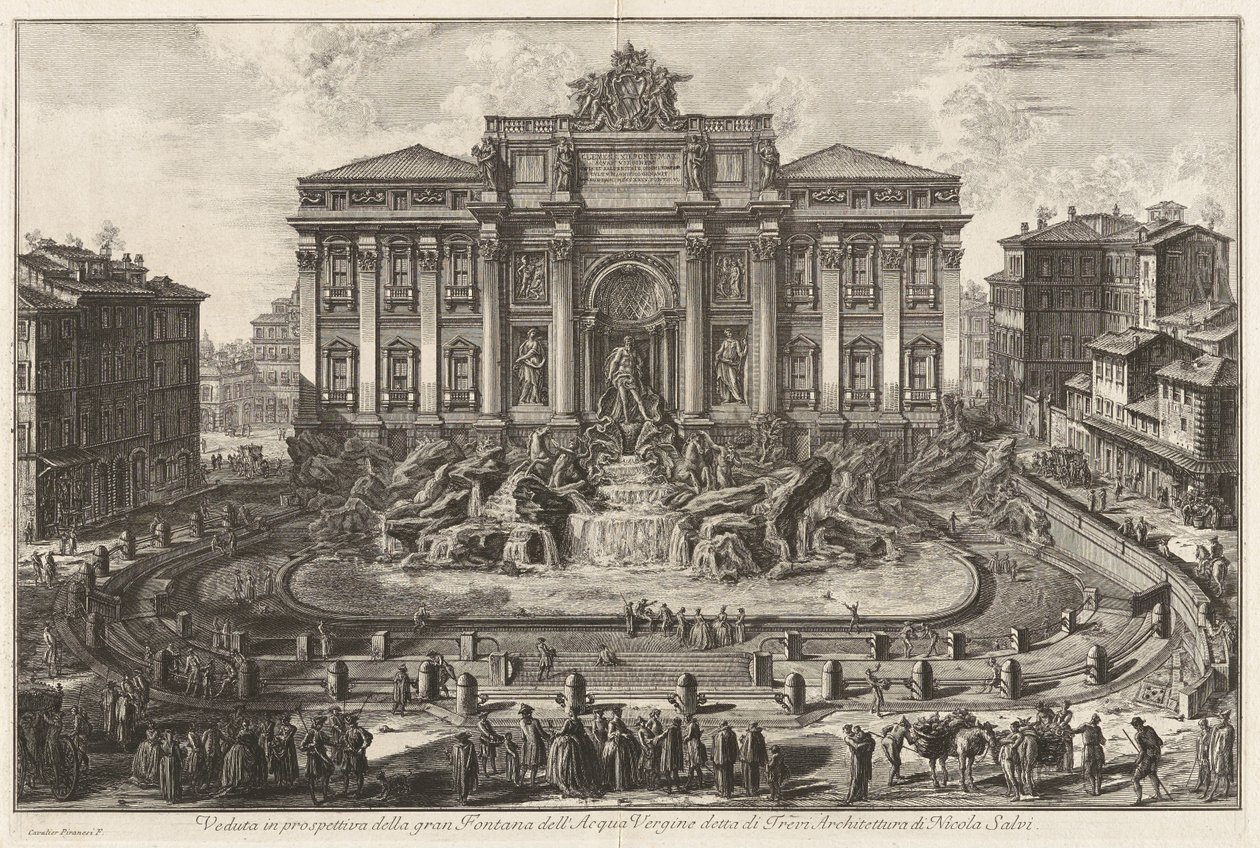 Vista em perspetiva da grande fonte da Acqua Vergine, chamada Fonte de Trevi, arquitetura de Nicola Salvi, de Vedute di Roma de Giovanni Battista Piranesi