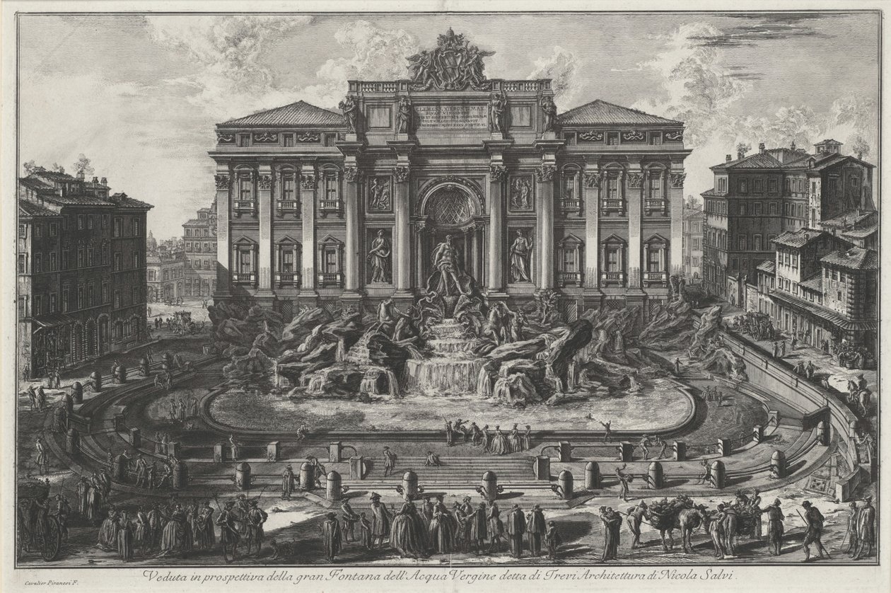 Vista em perspetiva da grande fonte da Acqua Vergine, chamada de Trevi, arquitetura de Nicola Salvi de Giovanni Battista Piranesi