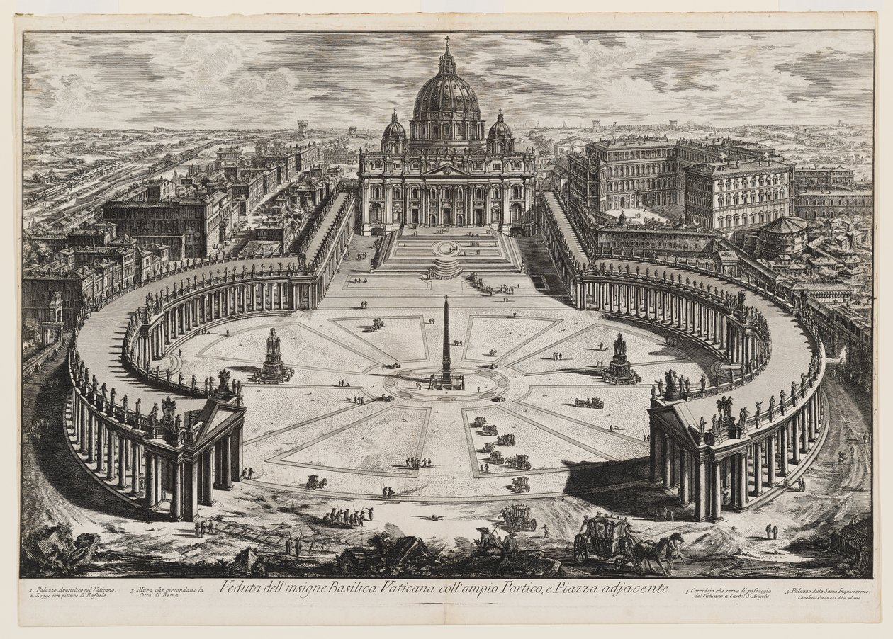 Vista da insigne Basílica Vaticana com o amplo pórtico e a praça adjacente, prancha 120 de Vistas de Roma de Giovanni Battista Piranesi