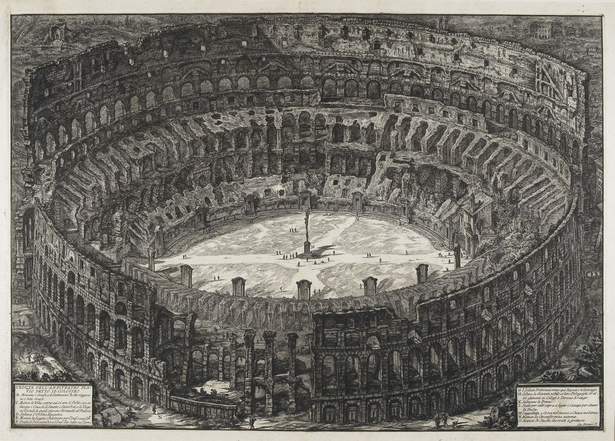 Vista do Anfiteatro Flaviano, chamado Coliseu, de "Views of Rome de Giovanni Battista Piranesi