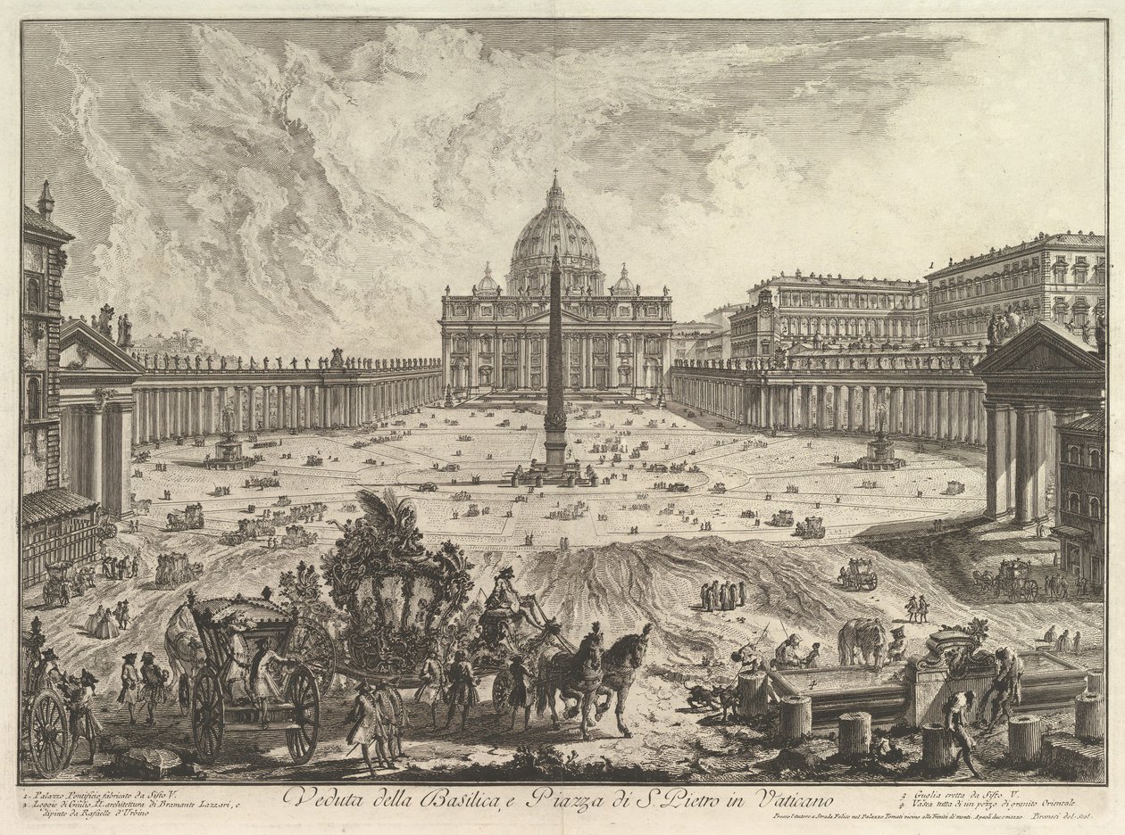 Vista da Basílica de São Pedro e da Piazza no Vaticano, de Vedute di Roma Roman Vie ..., ca. 1748. de Giovanni Battista Piranesi