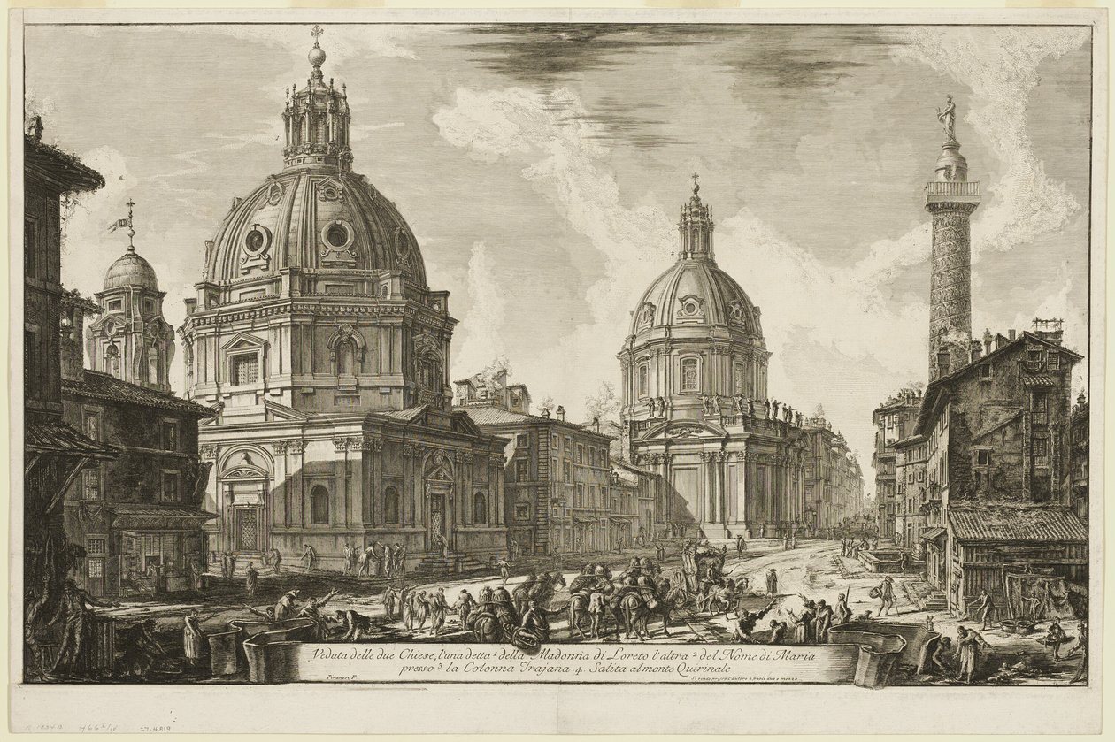 Vista de duas igrejas, uma chamada 1. S. Maria di Loreto, a outra 2. O Nome de Maria, perto da 3. Coluna de Trajano. 4. A subida ao Quirinal, de Vistas de Roma de Giovanni Battista Piranesi