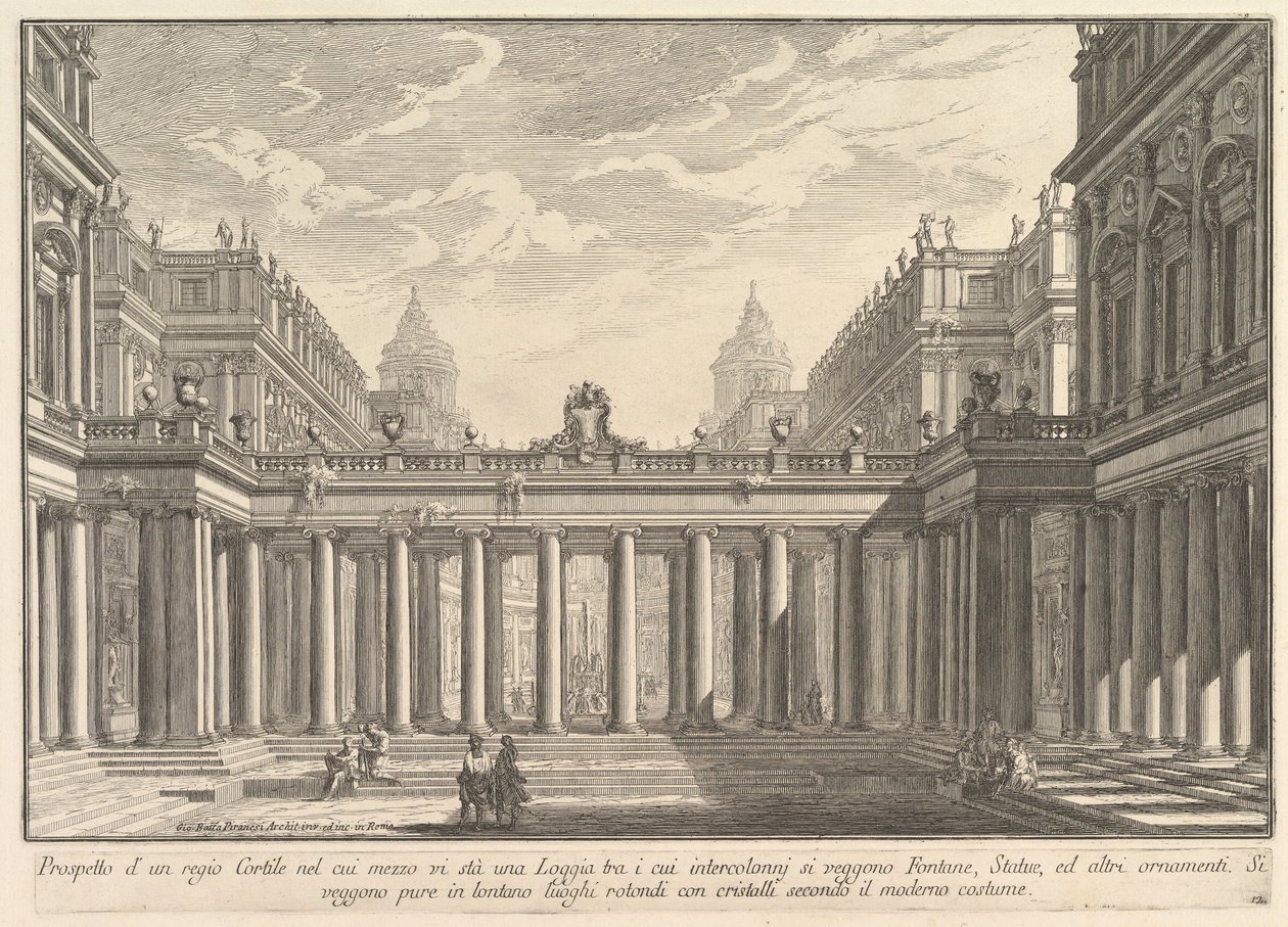 Vista de um pátio com uma varanda, fontes, estátuas e outros ornamentos Prospetto ..., ca. 1750 de Giovanni Battista Piranesi