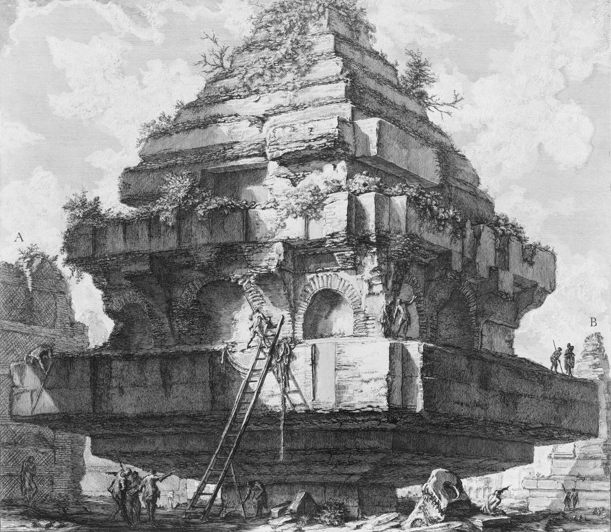 Vista de uma grande estrutura, restos do Túmulo dos Metelli na Via Ápia..., 1756-57. de Giovanni Battista Piranesi