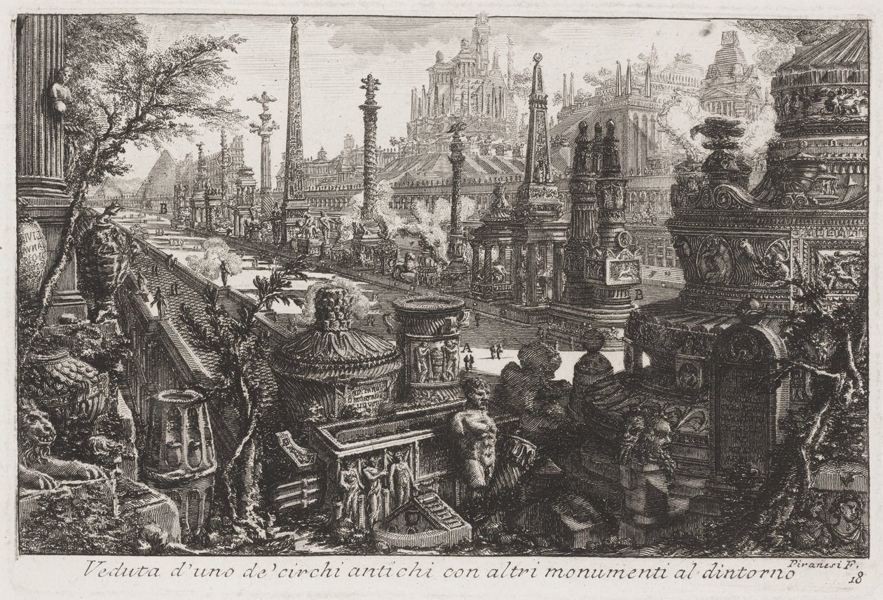 Vista de um antigo circo com outros monumentos dentro, c.1760 (gravura) de Giovanni Battista Piranesi