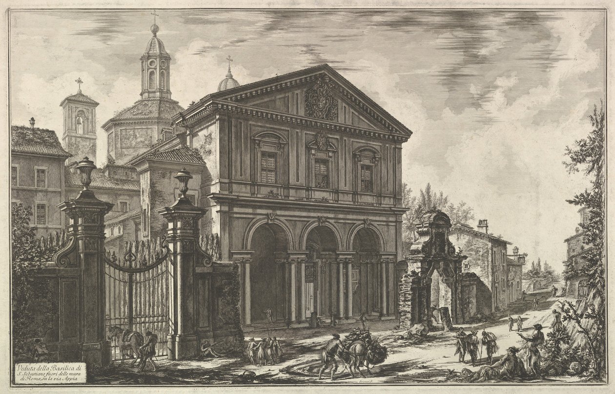 Vista da Basílica de San Sebastiano fora dos muros [St. Sebastian fora do Muro ..., ca. 1750 de Giovanni Battista Piranesi