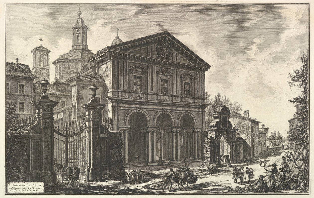 Vista da Basílica de San Sebastiano fuori delle mura [São Sebastião fora das muralhas] na Via Ápia, de Vedute di Roma (Vistas de Roma) de Giovanni Battista Piranesi