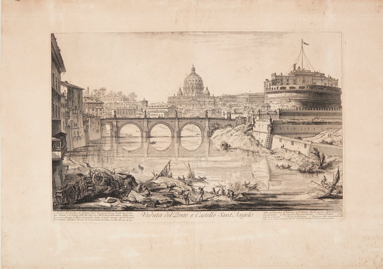 Vista da ponte e do Castelo de Santo Ângelo, o Mausoléu de Adriano, com barcos no Tibre em primeiro plano e a cúpula da Basílica de São Pedro ao fundo de Giovanni Battista Piranesi