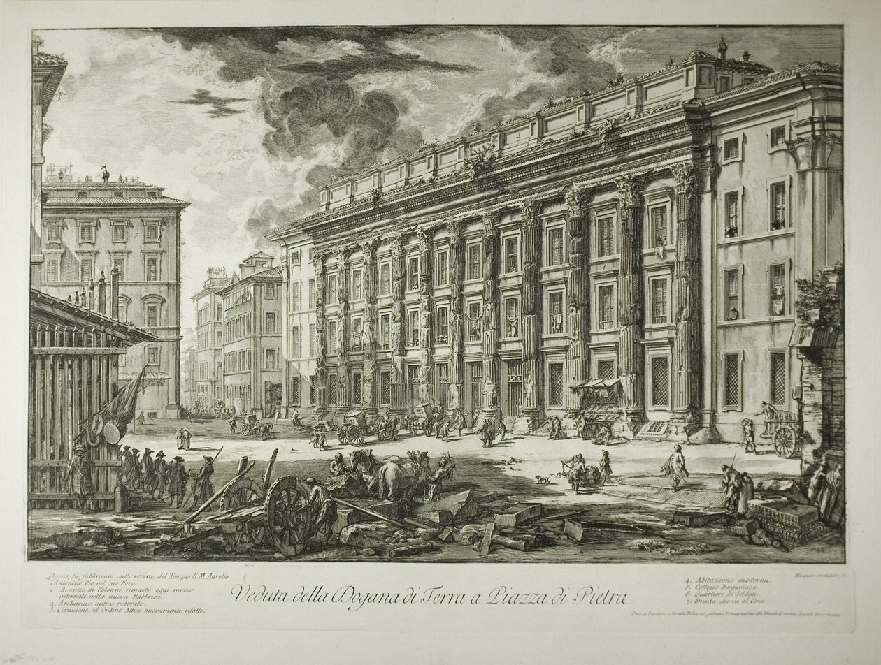 Vista da Alfândega na Piazza di Pietra, que foi construída dentro das ruínas do Templo de Marco Aurélio Antonino Pio no seu Fórum, a partir de Vistas de Roma de Giovanni Battista Piranesi