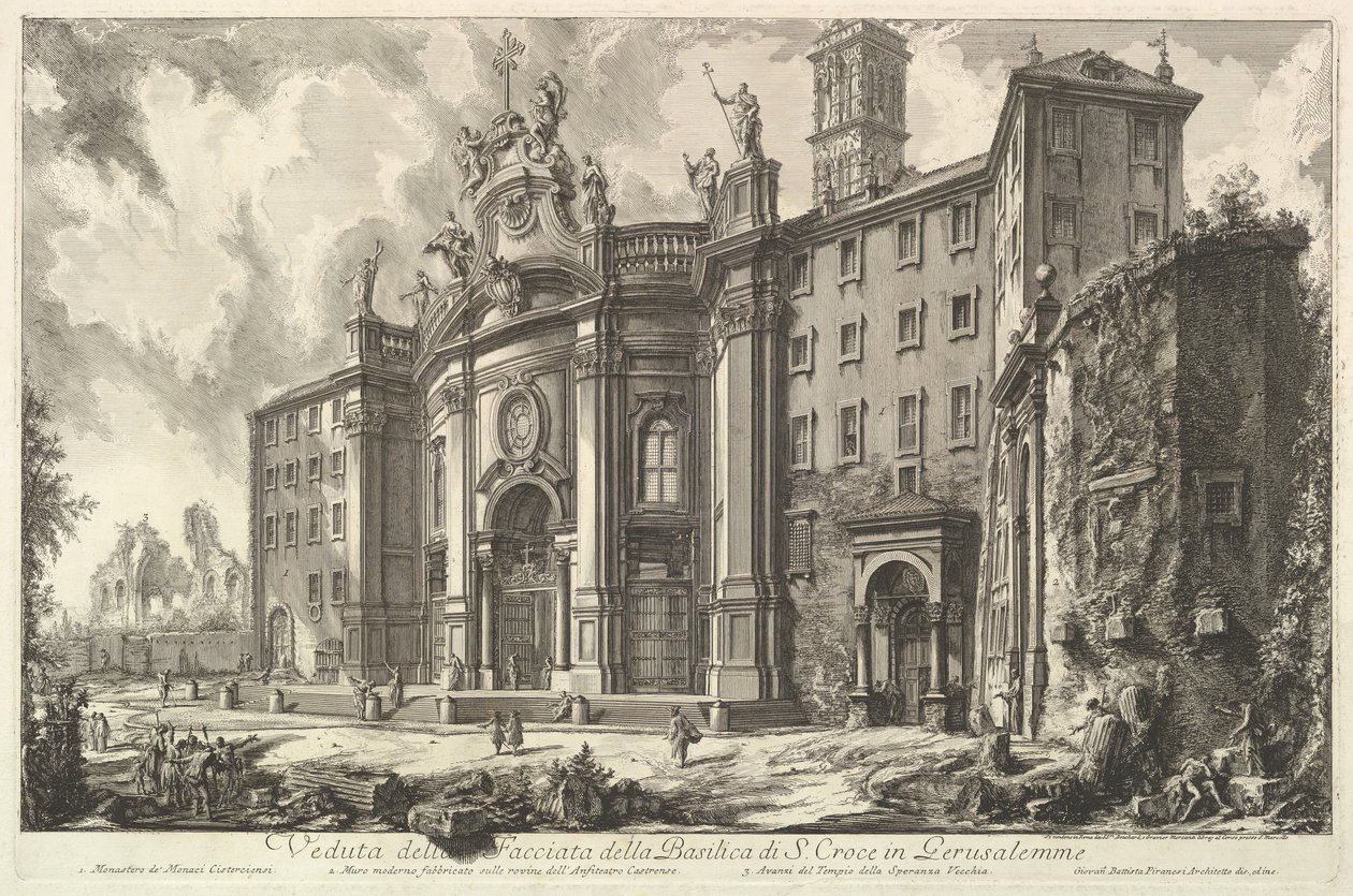 Vista da fachada da Basílica de S. Croce em Gerusalemme [a Santa Cruz em Jerus ..., ca. 1750 de Giovanni Battista Piranesi