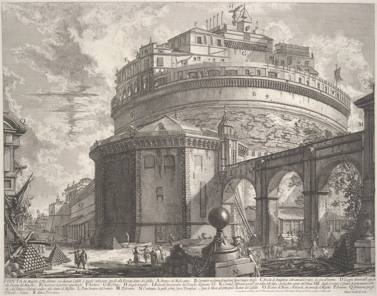 Vista do Mausoléu do Imperador Adriano agora chamado Castel S. Angelo..., ca. 1756. de Giovanni Battista Piranesi
