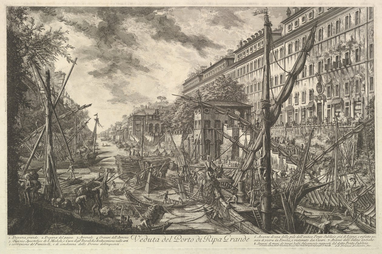Vista do porto de Ripa Grande, a partir do Vedute di Roma Views romanas, ca. 1753 de Giovanni Battista Piranesi