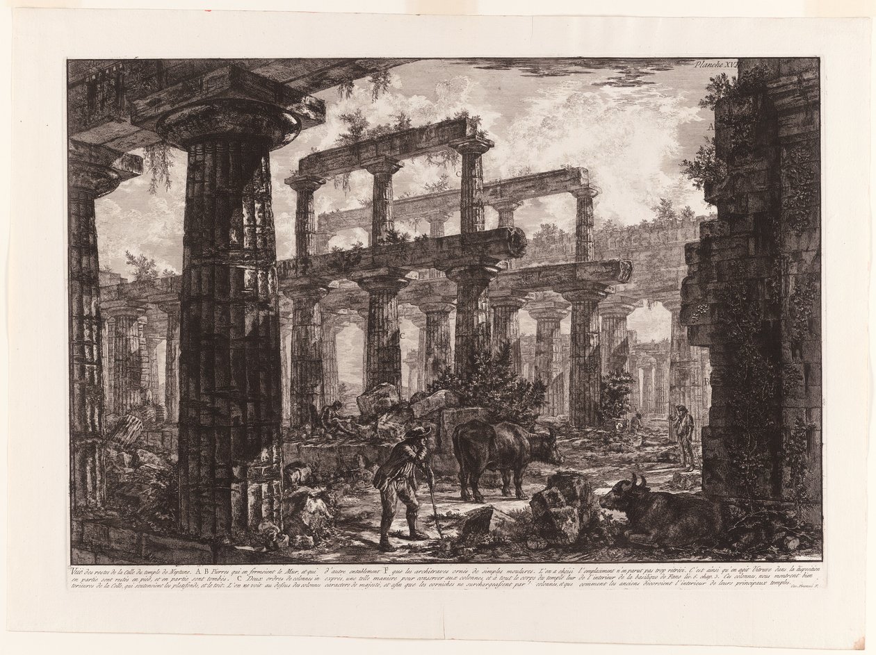 Vista dos restos da Cella do Templo de Netuno, de diferentes vistas de Paestum de Giovanni Battista Piranesi