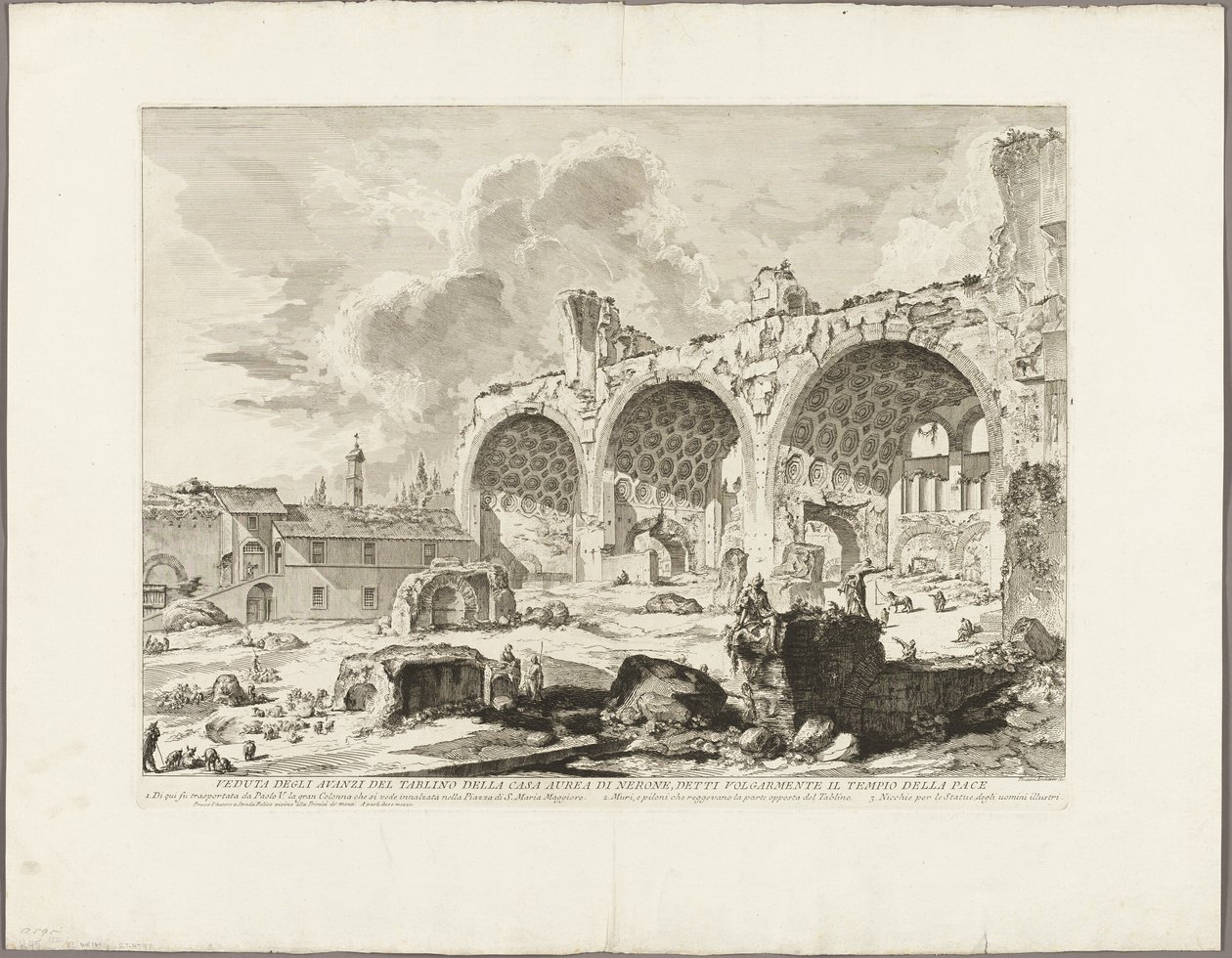 Vista dos restos da sala de jantar da Casa Dourada de Nero, comumente chamada de Templo da Paz, de Vistas de Roma de Giovanni Battista Piranesi