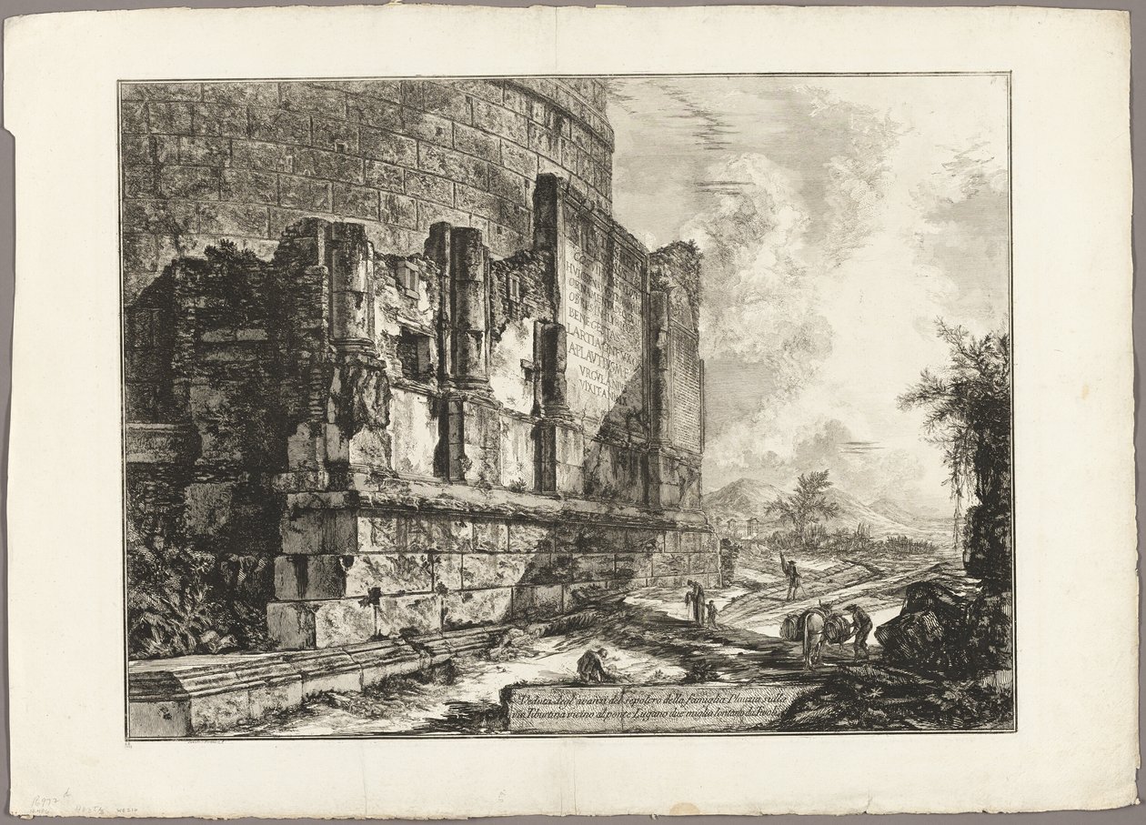 Vista dos restos do túmulo dos Plautii na Via Tiburtina, perto da Ponte Lugano, a duas milhas de Tivoli, de Vistas de Roma de Giovanni Battista Piranesi
