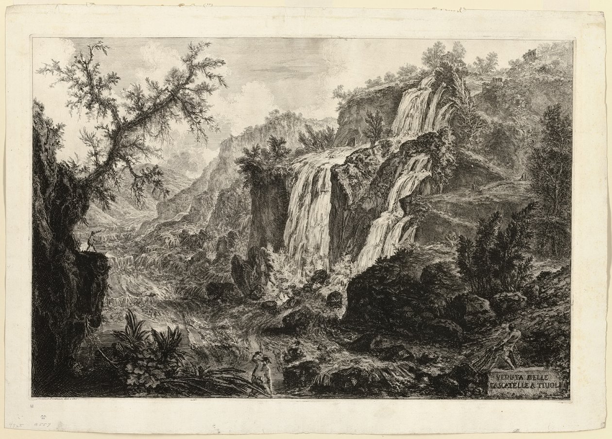 Vista da pequena cachoeira e corredeiras, Tivoli, de vistas de Roma de Giovanni Battista Piranesi