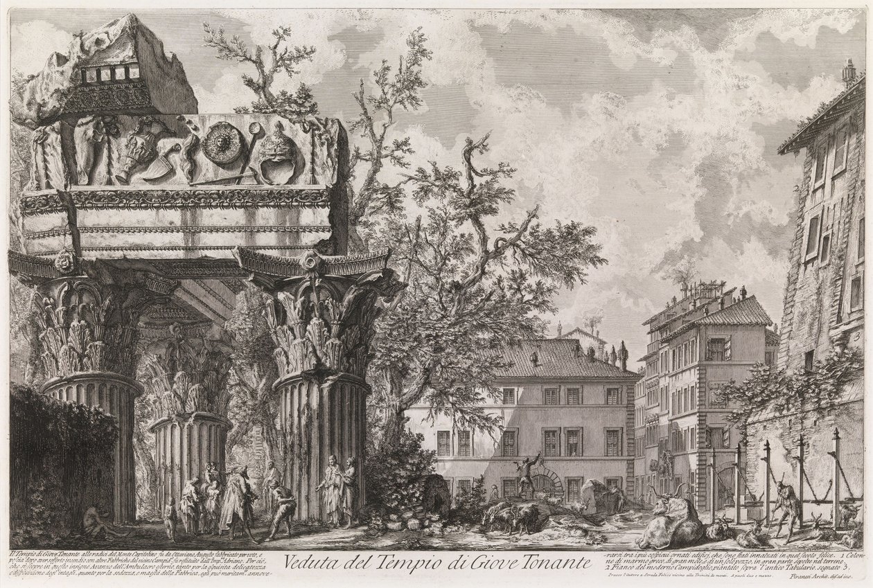 Vista do Templo de Vespasiano e Tito, chamado Templo de Júpiter Tonante, da série Vedute di Roma de Giovanni Battista Piranesi