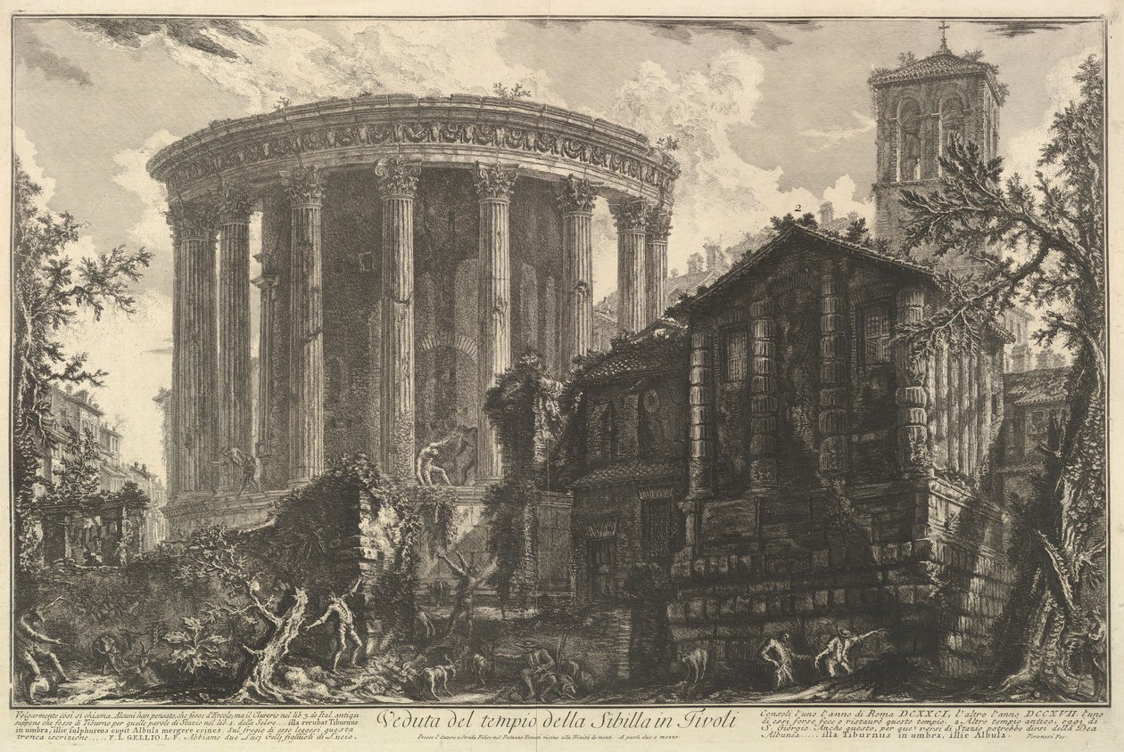 Vista do templo do templo da Sibila em Tivoli, de Vedute di Roma Roman Vi ..., ca. 1761 de Giovanni Battista Piranesi