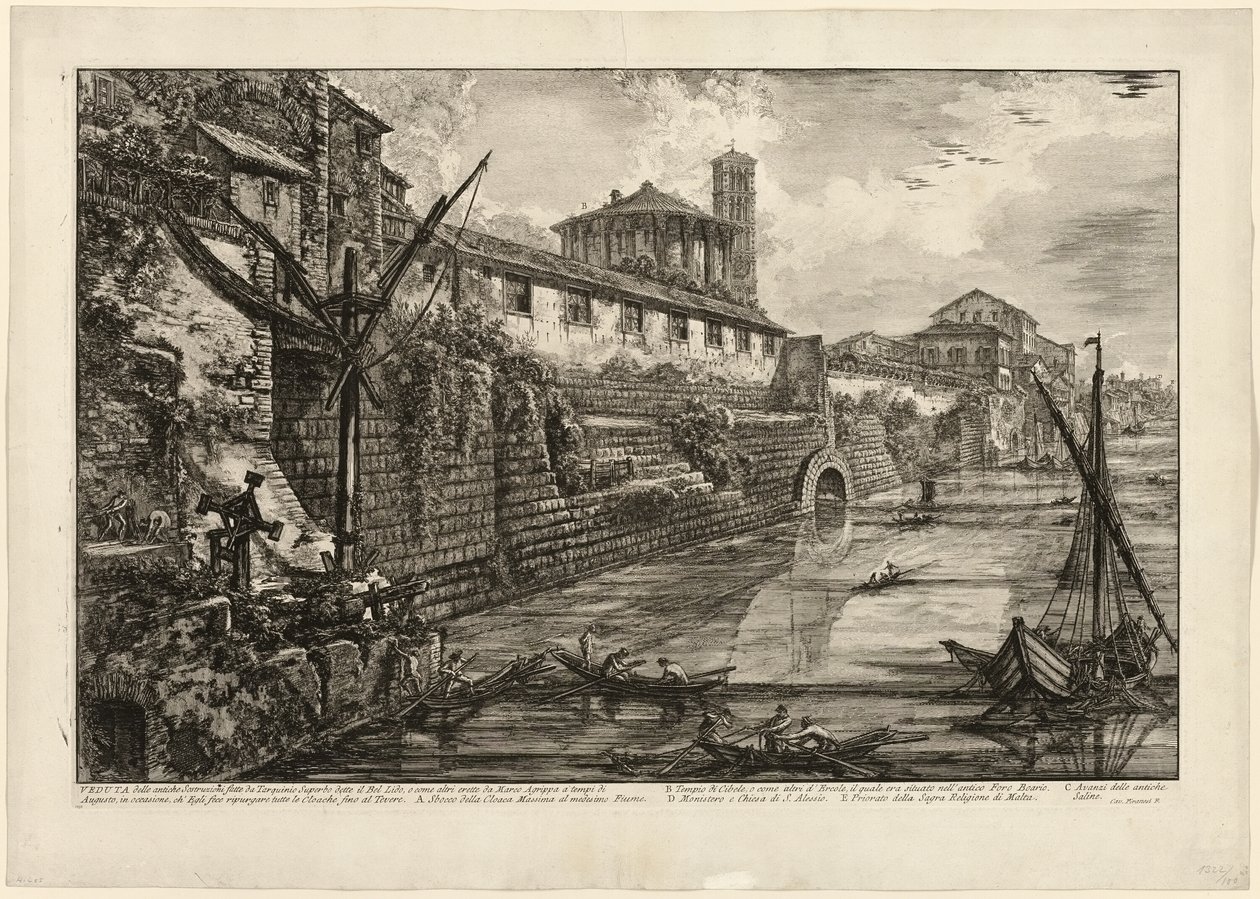 Vista da antiga estrutura construída por Tarquinius Superbus chamada Bel Lido, e como outras, construída por Marcus Agrippa na época de Augusto, quando ele limpou todos os esgotos que levam ao Tibre, de Vistas de Roma de Giovanni Battista Piranesi