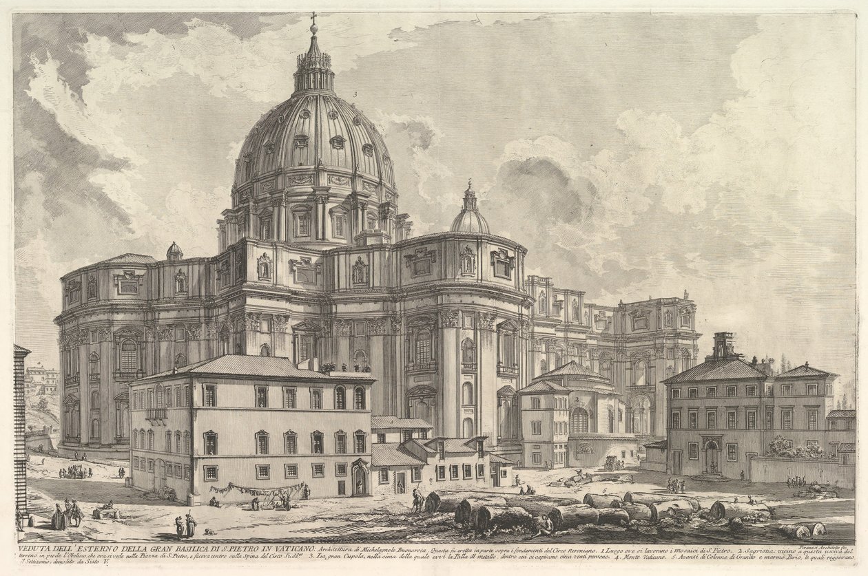 Vista do exterior da Basílica de São Pedro no Vaticano, de Vedute di Roma Roma..., ca. 1748. de Giovanni Battista Piranesi