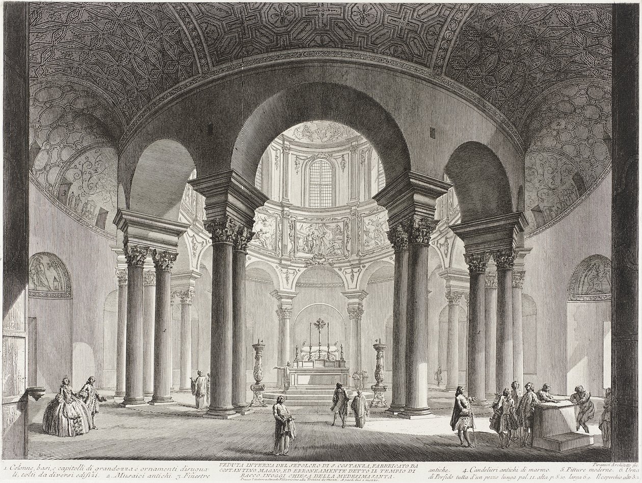 Vista do interior do túmulo de Santa Costança, construído por Constantino, o Grande, e erradamente chamado Templo de Baco, hoje Igreja de Santa Costança. de Giovanni Battista Piranesi
