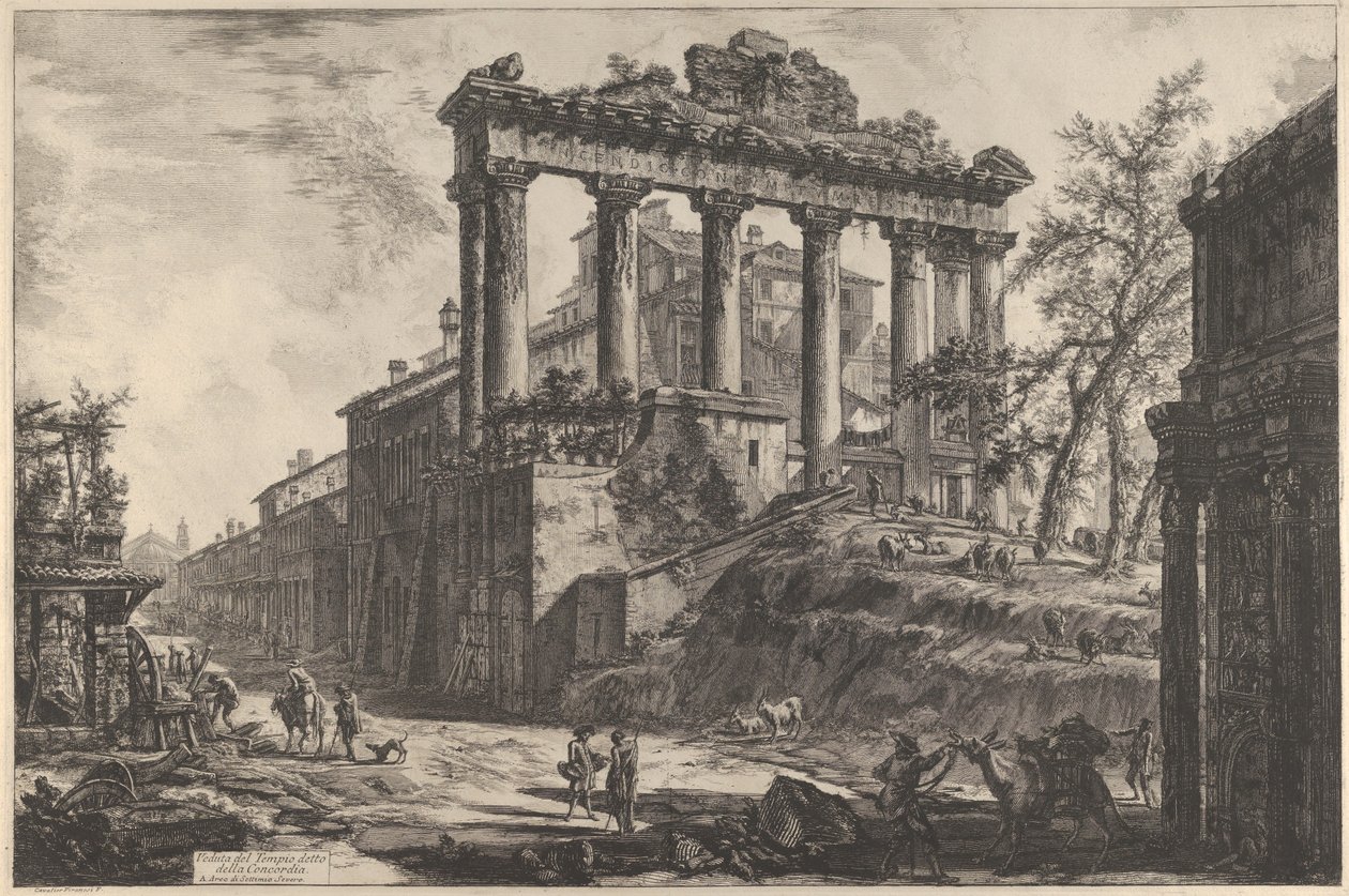 Vista do chamado Templo da Concórdia com o Templo de Saturno..., 1760-78. de Giovanni Battista Piranesi