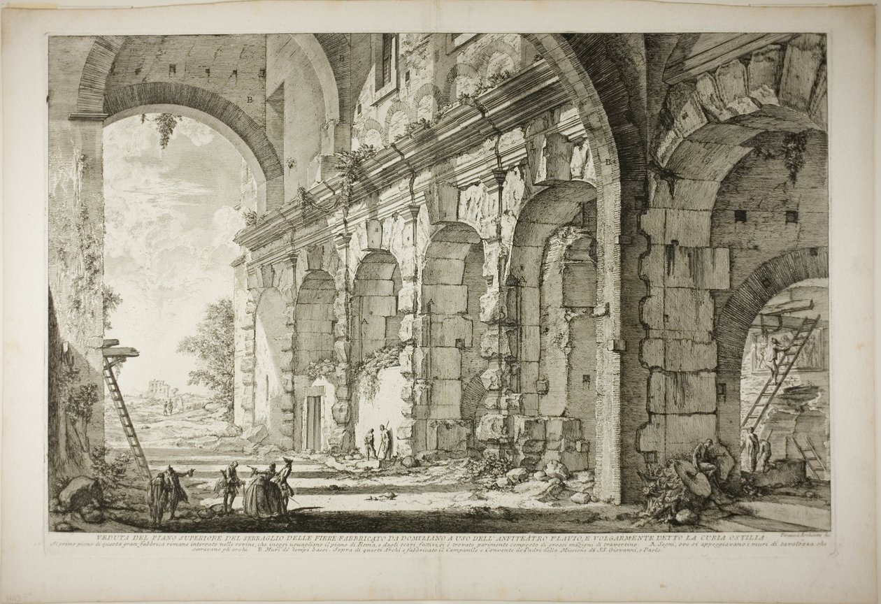 Vista do andar superior das Gaiolas para Animais Silvestres construídas pelo Imperador Domiciano, associadas ao Anfiteatro Flaviano e comumente chamadas de Cúria Hostilia, de Vistas de Roma de Giovanni Battista Piranesi