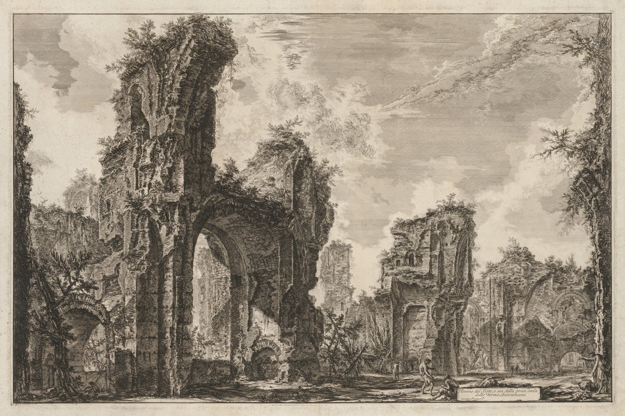 Vistas de Roma: ruínas do Sisto ou ambos do grande salão dos banhos de Antonino, 1765. de Giovanni Battista Piranesi