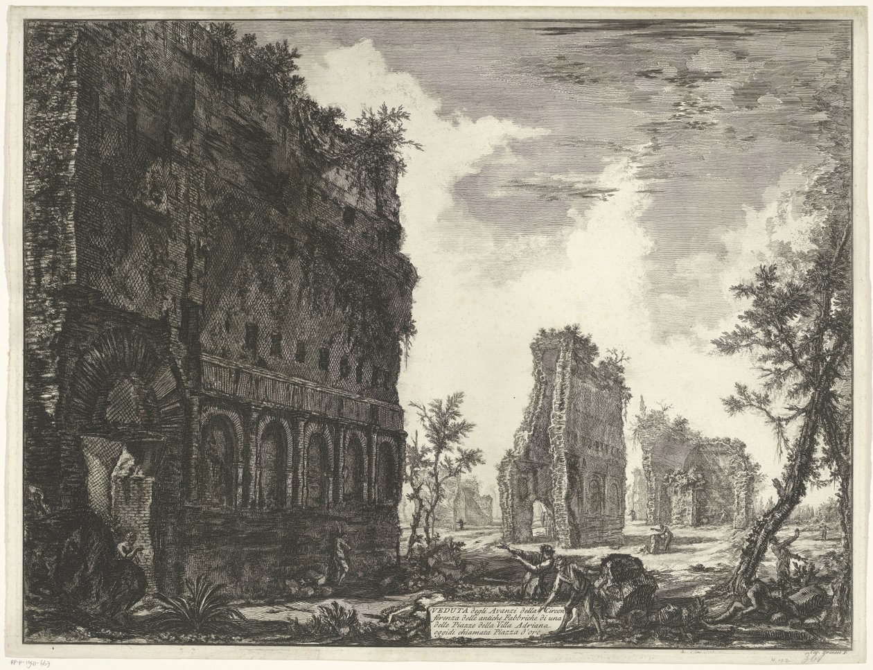 Villa Adriana t e Tivoli Vista dos restos da circunferência das antigas fábricas de uma das praças da Villa Adriana (título no objeto) Gezichten op Rome (título da série) Vistas de Roma projetadas e gravadas pelo arquiteto Giambattista Piranesi Ve ( de Giovanni Battista Piranesi