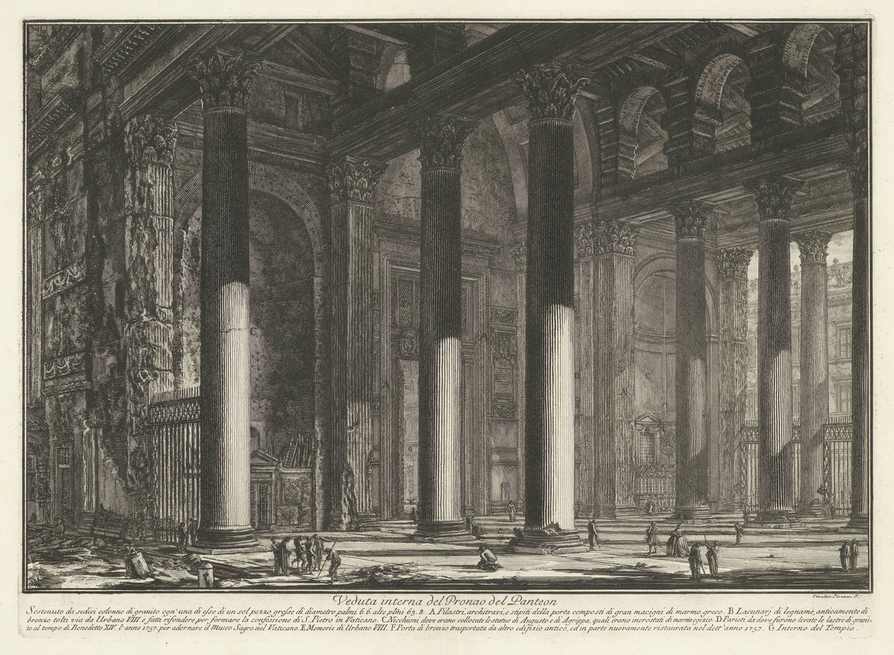 Voorportaal van het Pantheon te Rome
Vista interior do Pronao del Pantheon (título sobre o objecto)
Gezichten op Rome (título da série)
Vistas de Roma desenhadas e gravadas pelo arquitecto Giambattista Piranesi Ve(nez)iano (título da série) de Giovanni Battista Piranesi