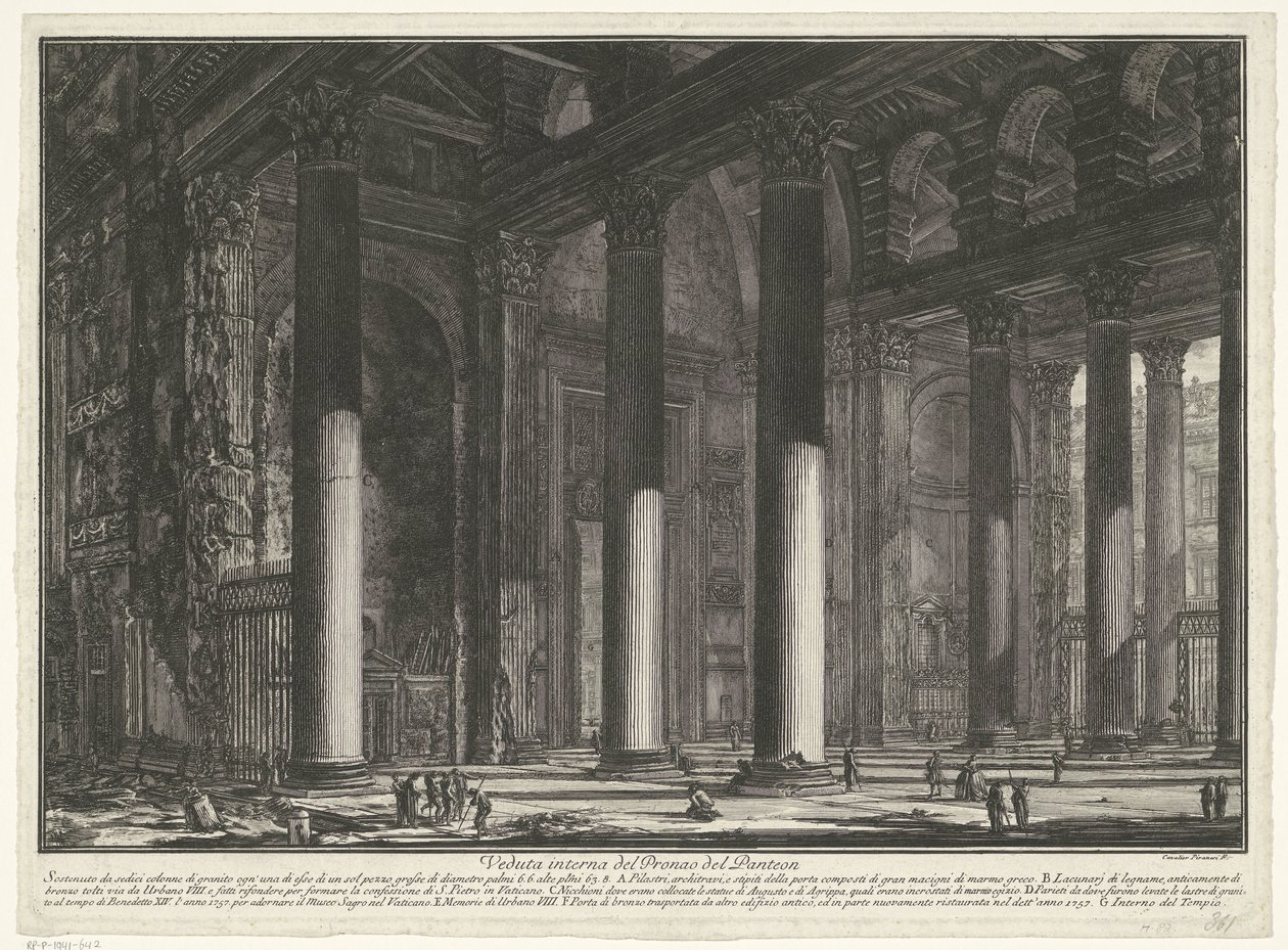Voorportaal van het Pantheon te Rome
Vista interior do Pronao del Pantheon (título sobre o objecto)
Gezichten op Rome (título da série)
Vistas de Roma desenhadas e gravadas pelo arquitecto Giambattista Piranesi Ve(nez)iano (título da série) de Giovanni Battista Piranesi