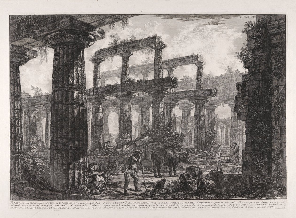 Vue des restes de la celle du Temple de Neptune (Vista dos restos da Cella do Templo de Neptuno), de Diff?rentes vues de de Giovanni Battista Piranesi