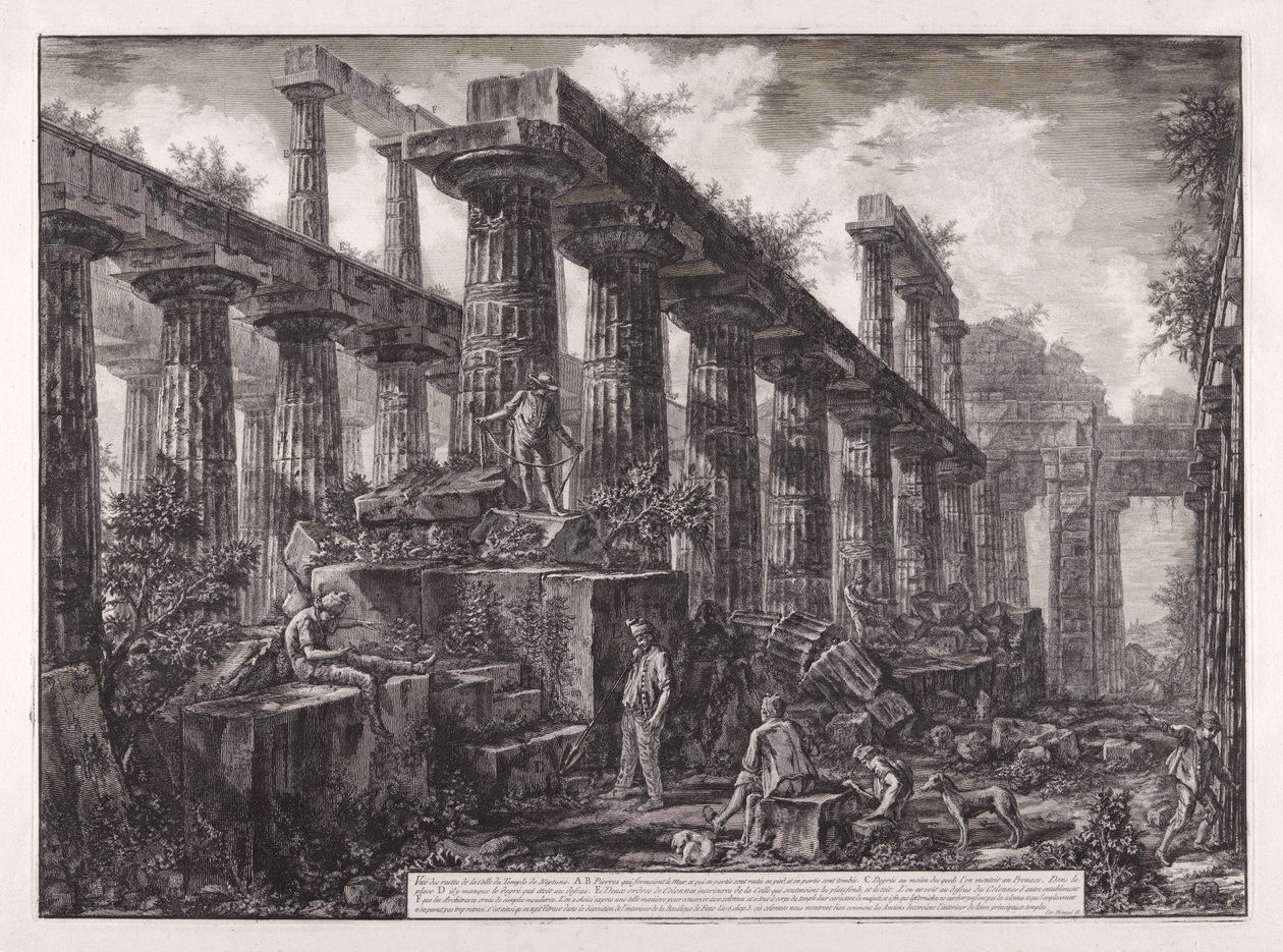 Vista dos restos da cella do Templo de Neptuno, de Diferentes vistas de ... Pesto de Giovanni Battista Piranesi